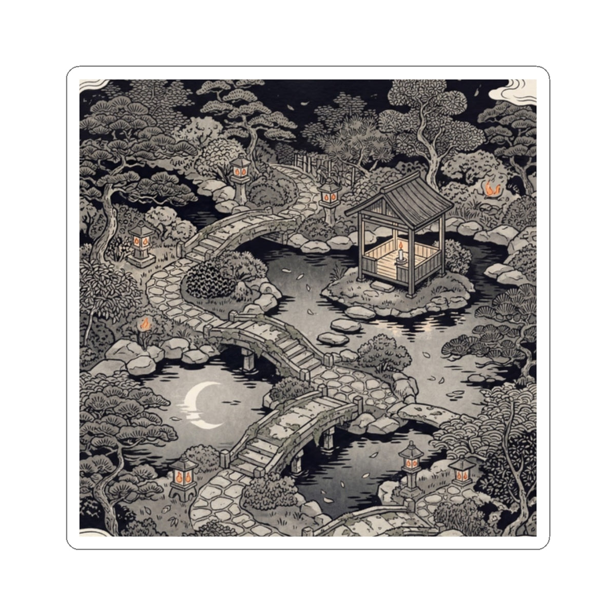 Calm Moonlit Garden Sticker - Ukiyo E Inspired Zen Art Print