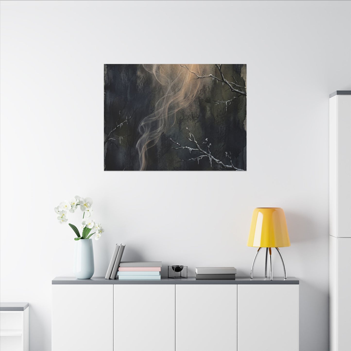 Incense Smoke Winter Canvas Art | Dark Japandi Moody Design
