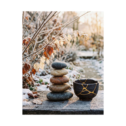 Winter River Stones Gold Repair Wall Art Print | Healing Decor