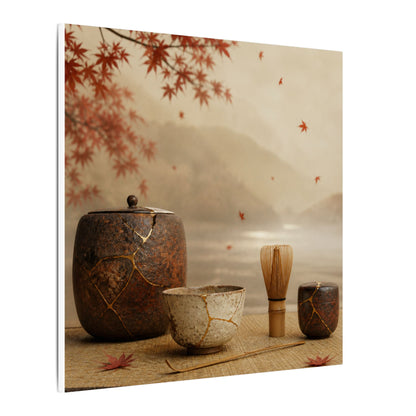 Tea Ceremony Canvas Art | Autumn Kintsugi Gold Vein Art