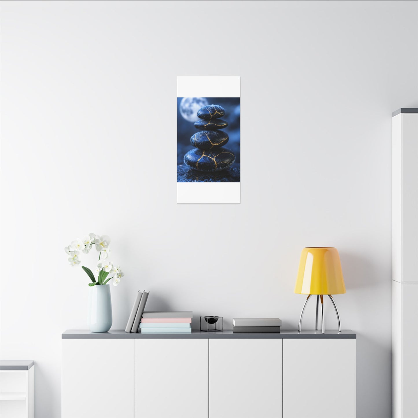 River Stones Canvas Art | Winter Kintsugi Gold Repair Art