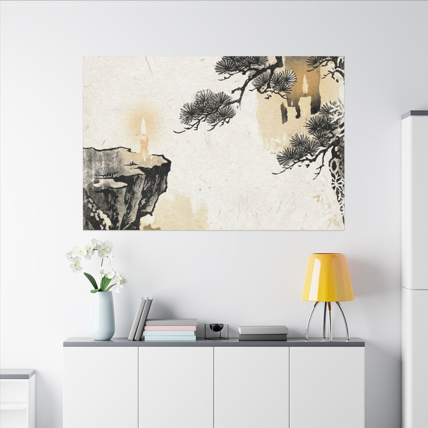 Japandi Pine Tree in Candlelight | Japanese Pattern Canvas Art