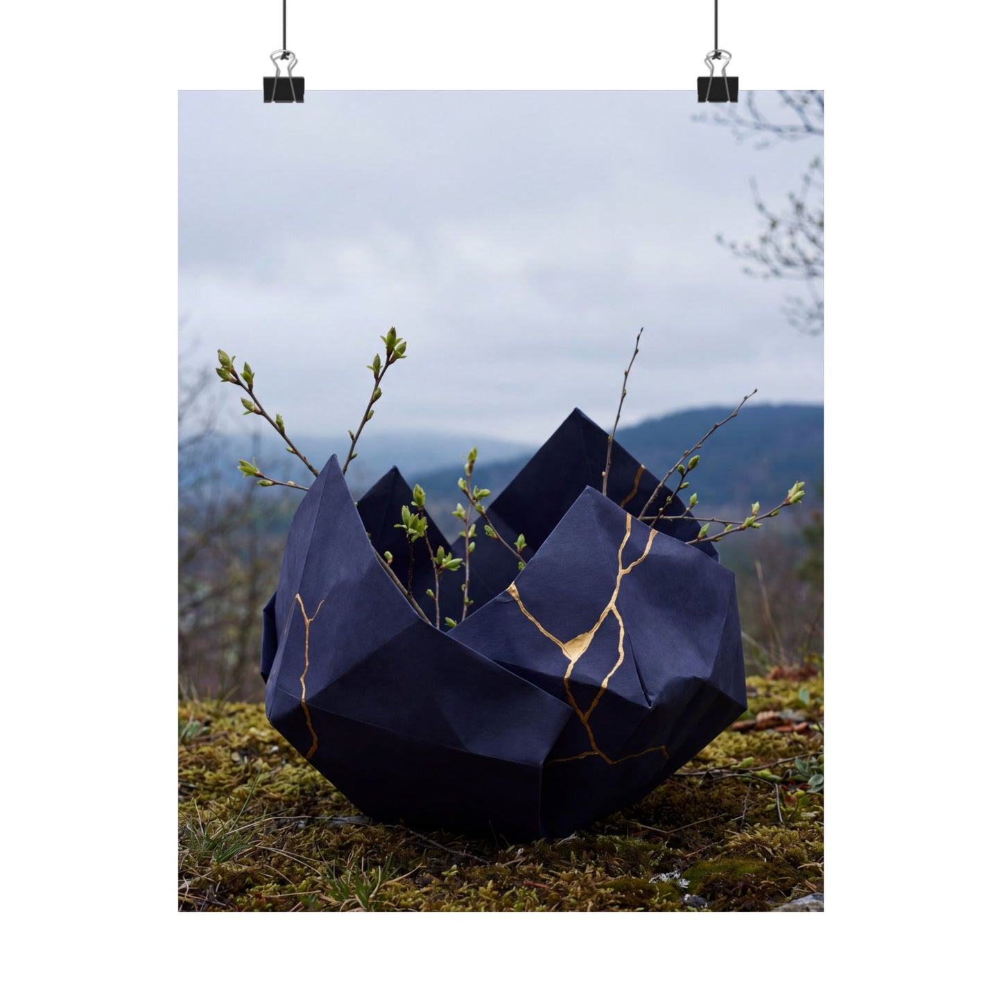 Kintsugi Paper Fold in Overcast | Gold Repair Wall Art Print