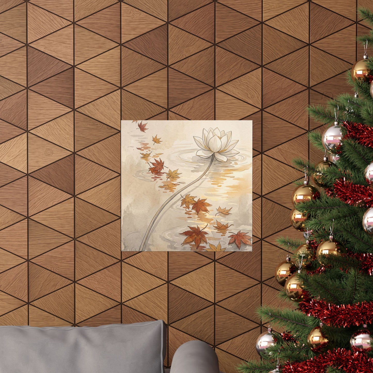 Japandi Lotus Flower in Golden Hour | Minimal Line Wall Art Print