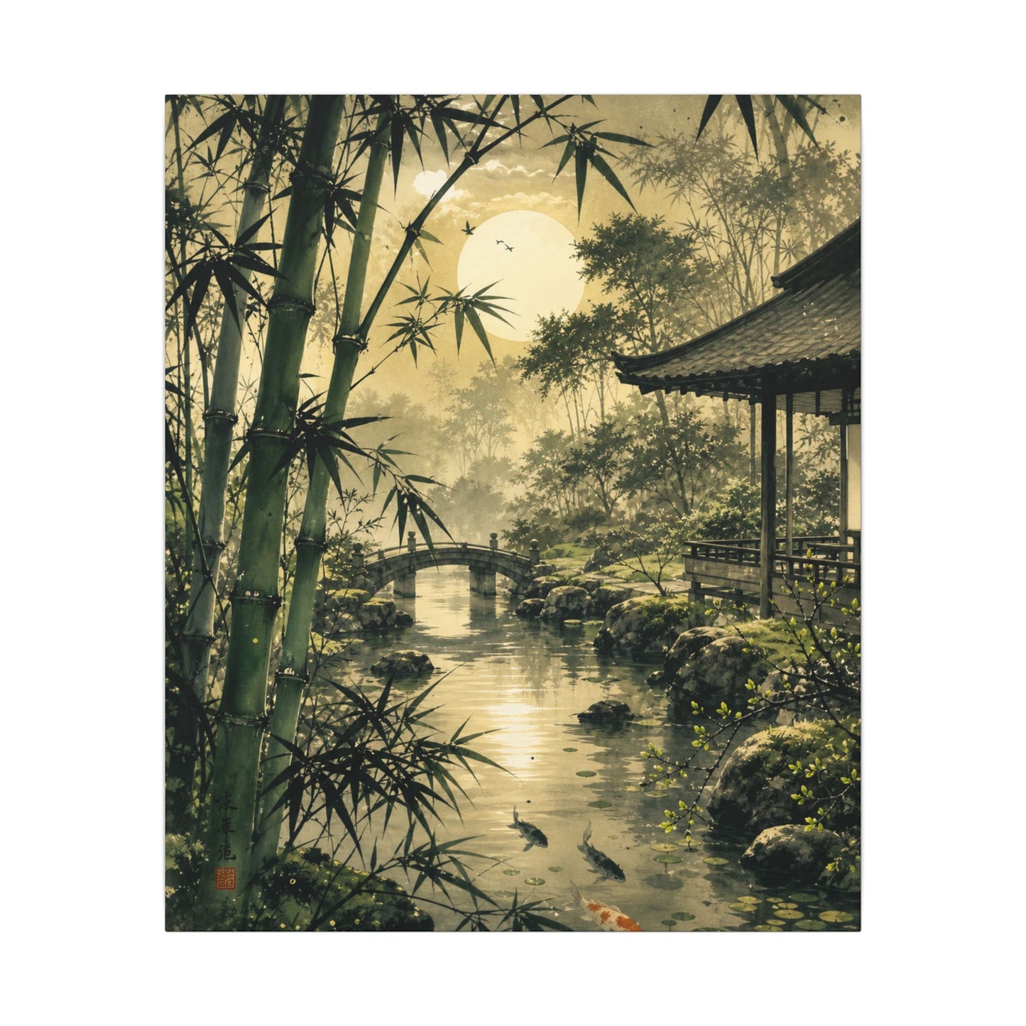 Moonlit Garden Sumi E Canvas Art | Calm Zen Art