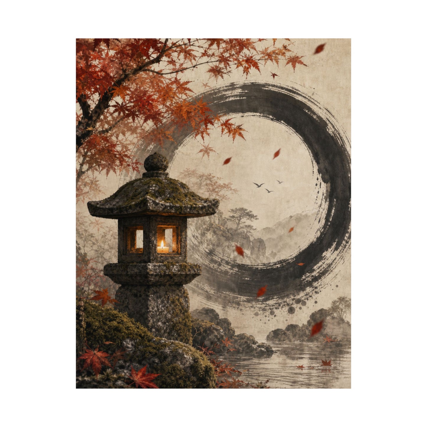 Autumn Stone Lantern Enso Wall Art Print | Serene Decor