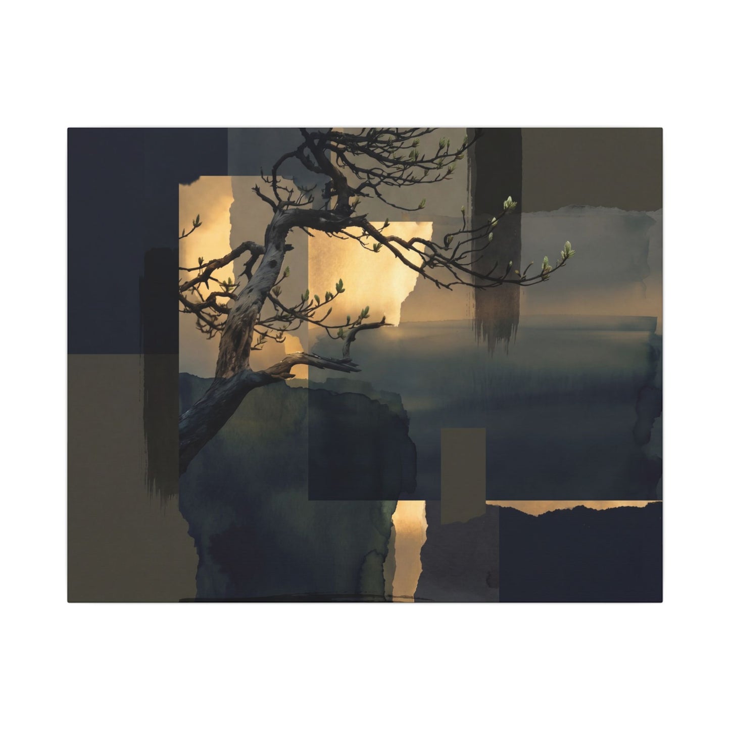 Golden Hour Pine Tree Canvas Art - Dark Japandi Kanso Art Print