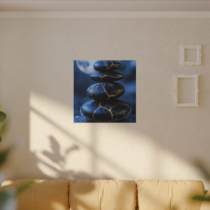 River Stones Canvas Art | Winter Kintsugi Gold Repair Art
