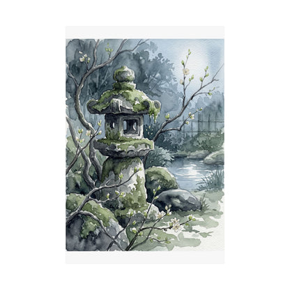 Japandi Stone Lantern in Moonlight | Watercolor Wall Art Print