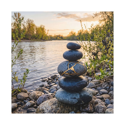 Kintsugi River Stones in Golden Hour | Gold Vein Canvas Art