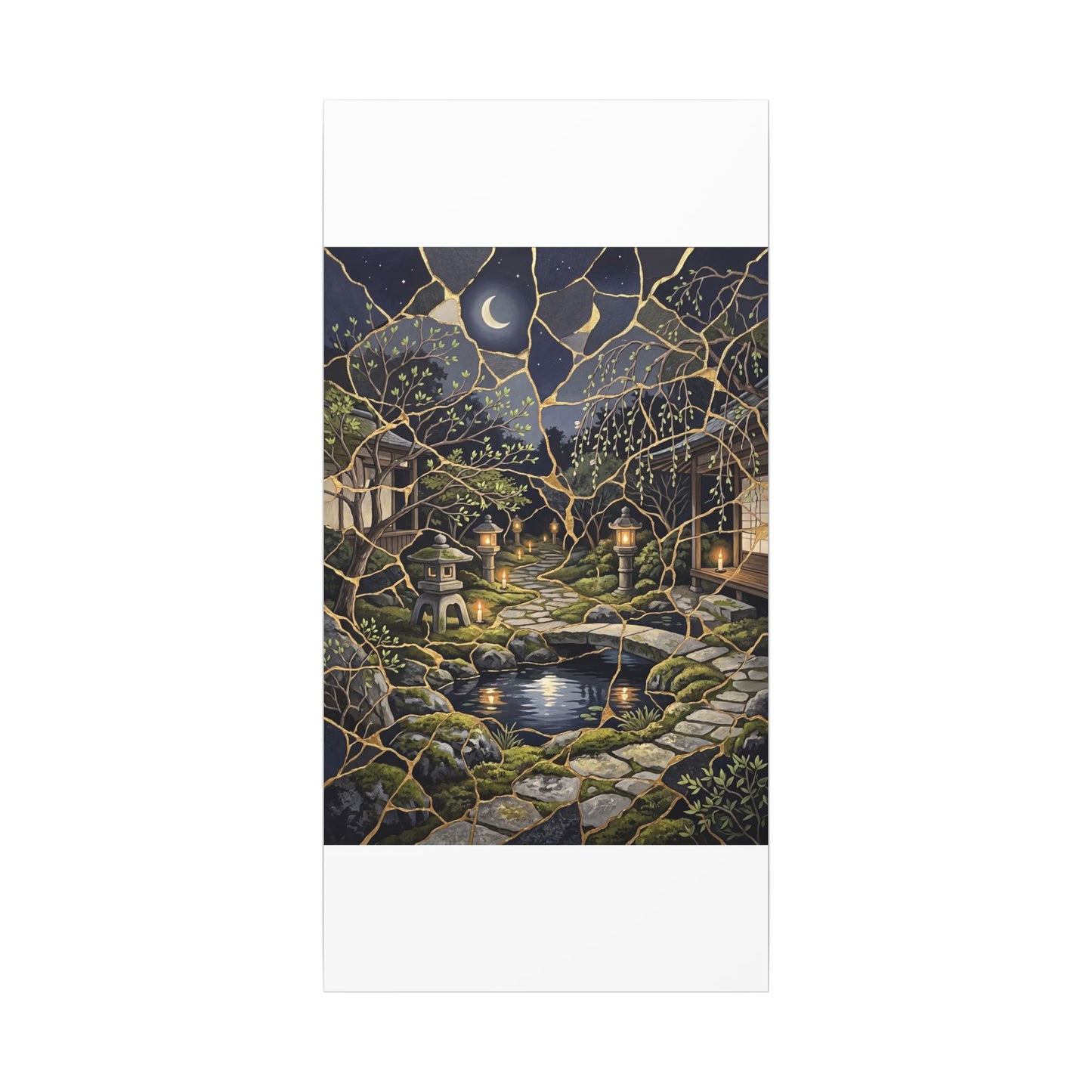 Kintsugi Moonlit Garden in Candlelight | Gold Vein Canvas Art