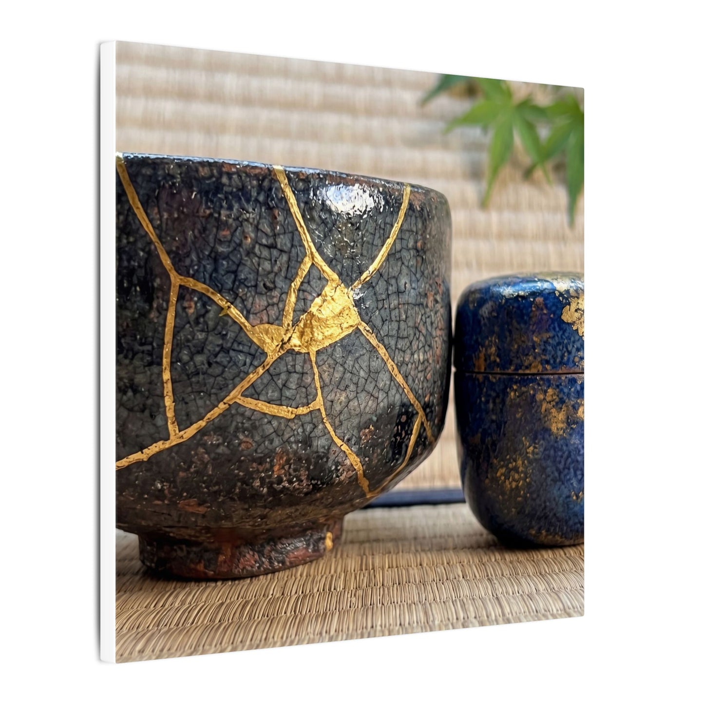 Tea Ceremony Crackle Gold Canvas Art | Philosophical Kintsugi Art
