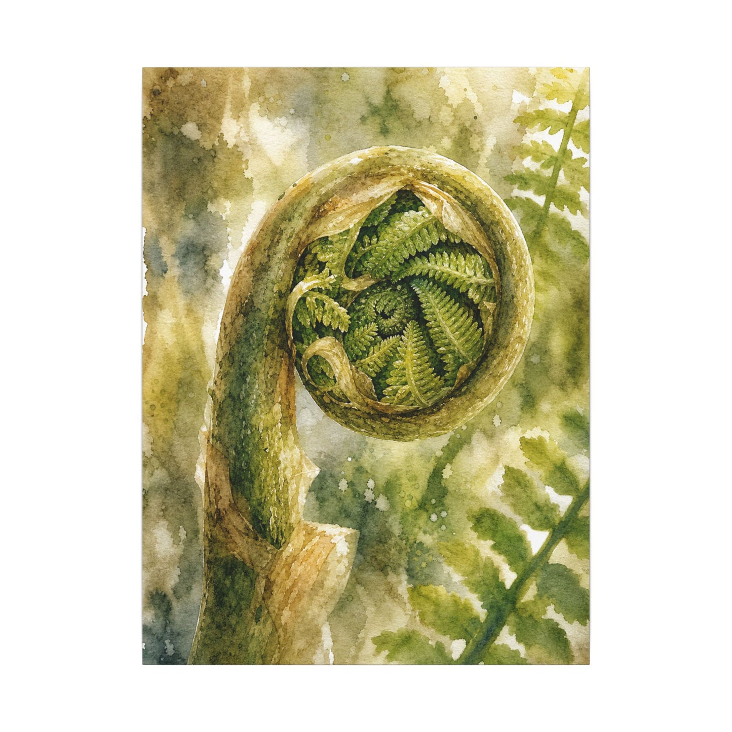 Japandi Fern Unfurling in Dappled | Watercolor Canvas Art