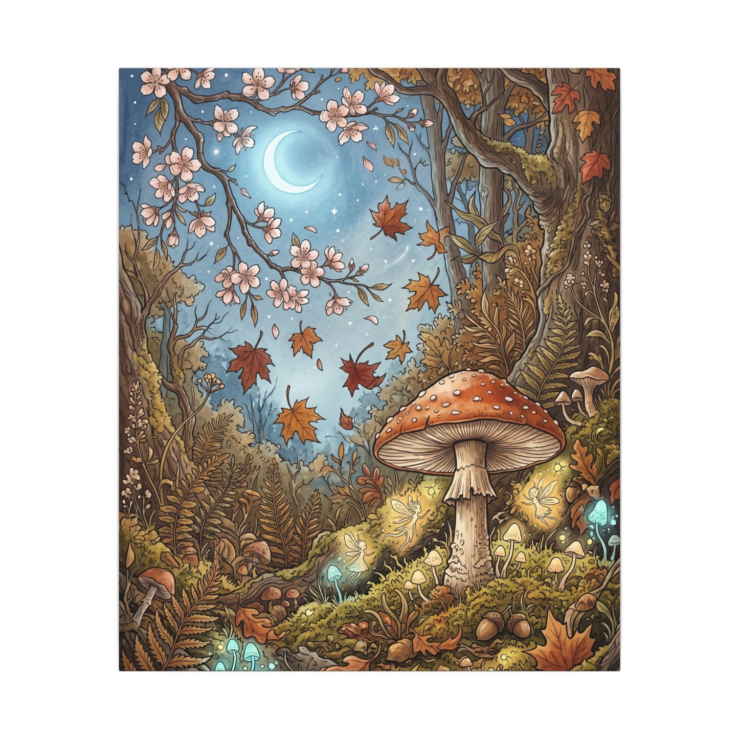 Autumn Cherry Blossom Mushroom Illustration Canvas Art | Enchanting Decor