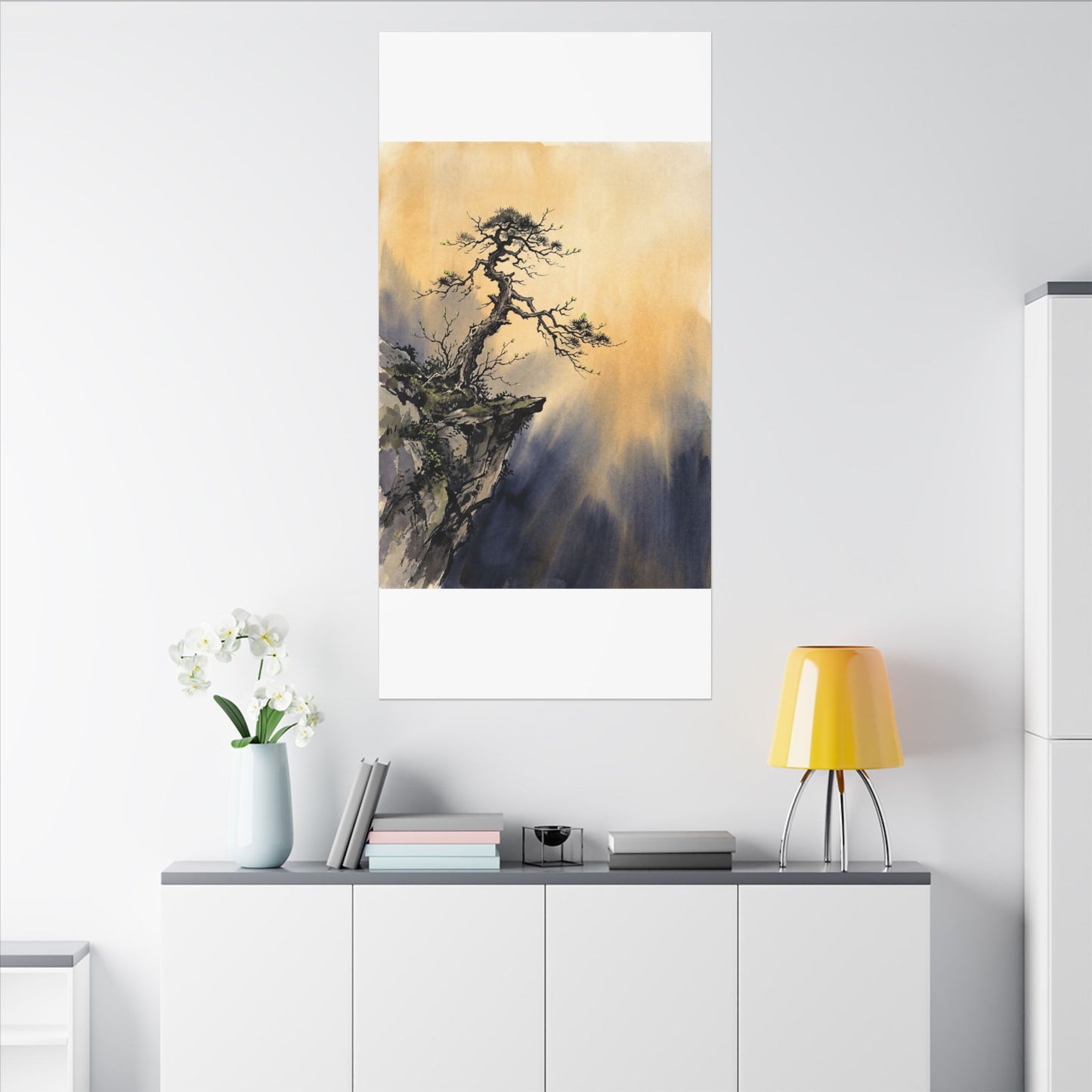 Zen Pine Tree in Golden Hour | Sumi E Canvas Art