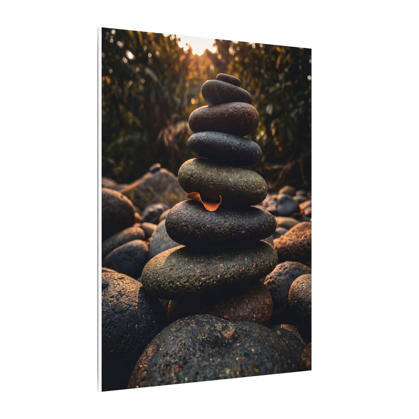 Dark Japandi River Stones in Golden Hour | Moody Minimal Canvas Art