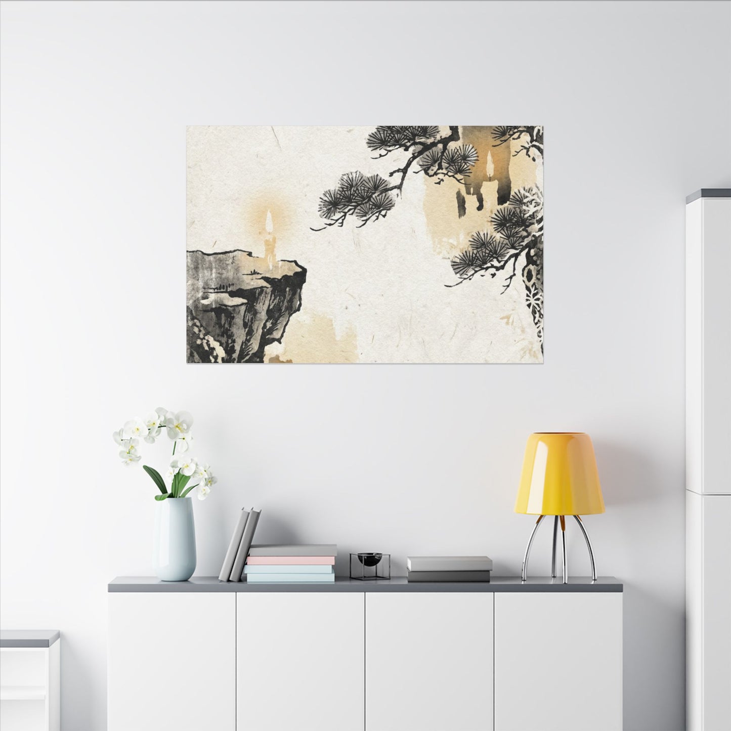 Japandi Pine Tree in Candlelight | Japanese Pattern Canvas Art