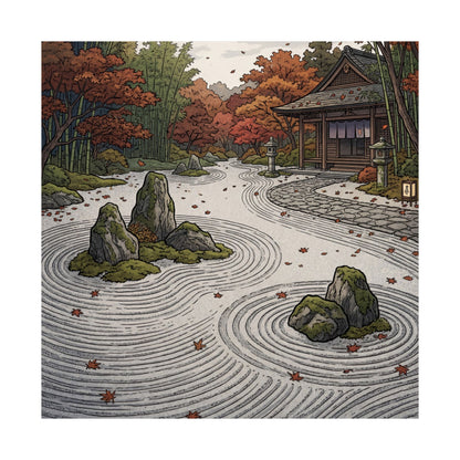 Rock Garden Wall Art Print | Autumn Zen Ukiyo E Inspired Art