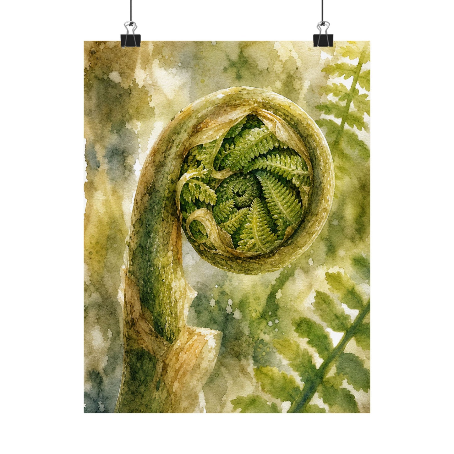 Elegant Fern Unfurling Wall Art Print - Watercolor Japandi