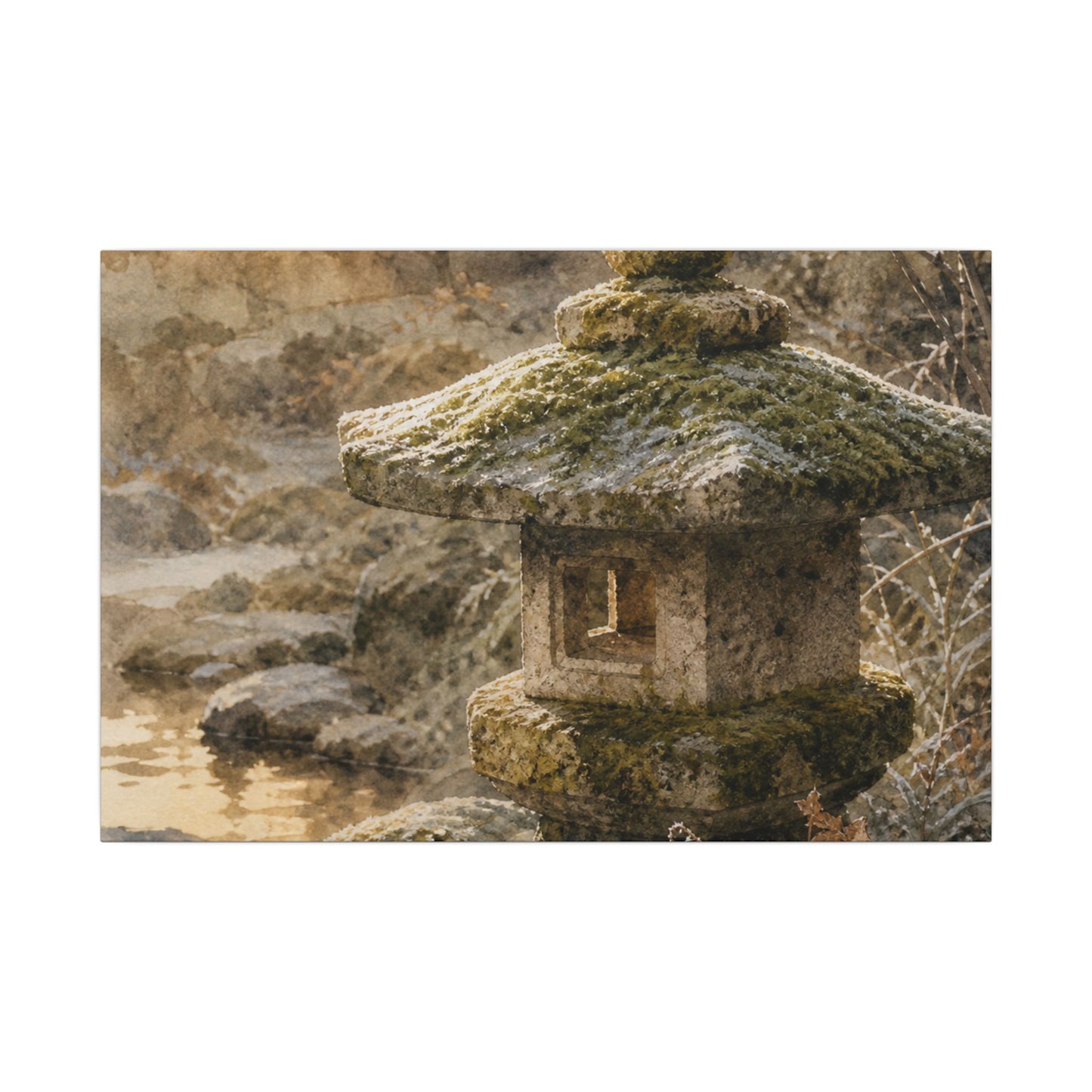 Winter Stone Lantern Watercolor Canvas Art | Earthy Decor