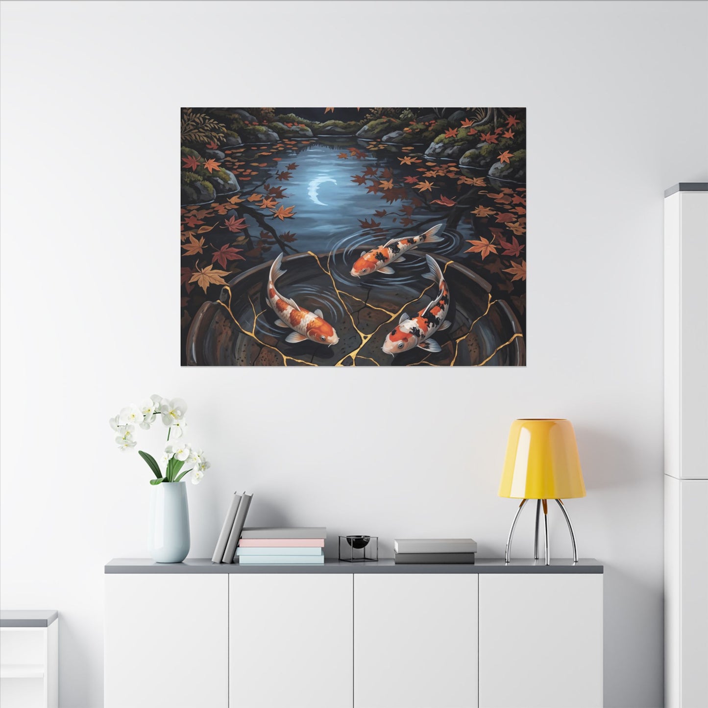 Koi Pond Canvas Art | Autumn Kintsugi Gold Repair Art