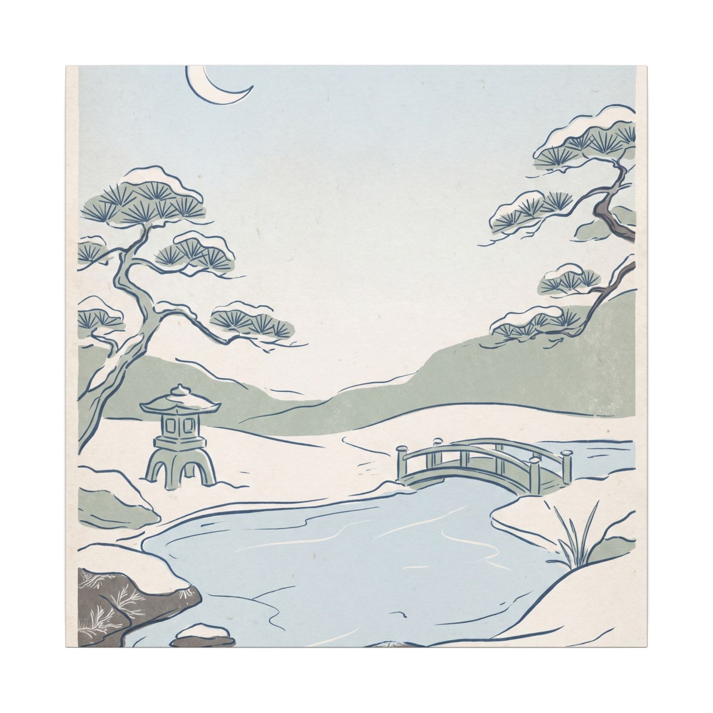 Japandi Moonlit Garden in Moonlight | Minimal Line Canvas Art