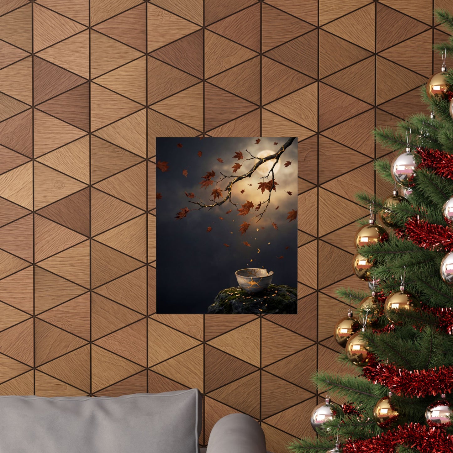 Kintsugi Moonlit Garden in Golden Hour | Gold Repair Wall Art Print