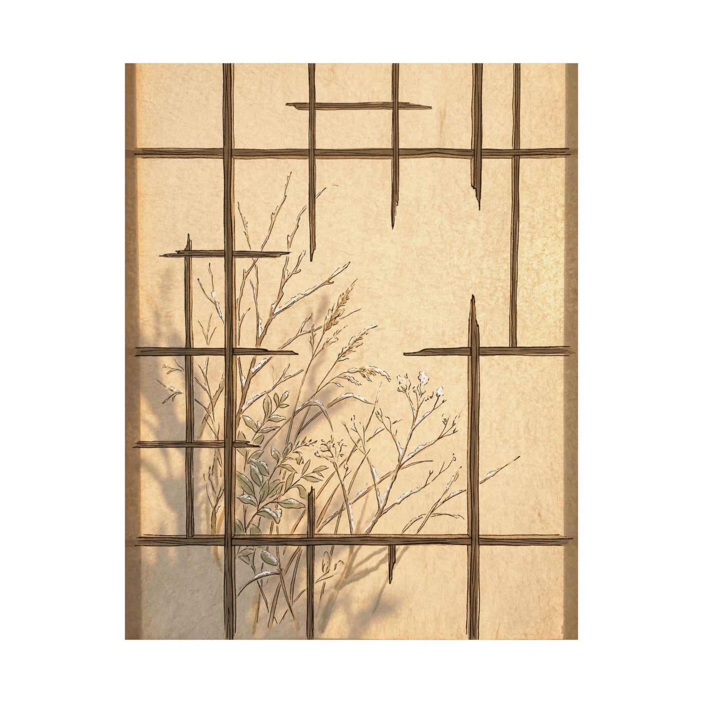 Japandi Shoji Screen in Golden Hour | Minimal Line Wall Art Print