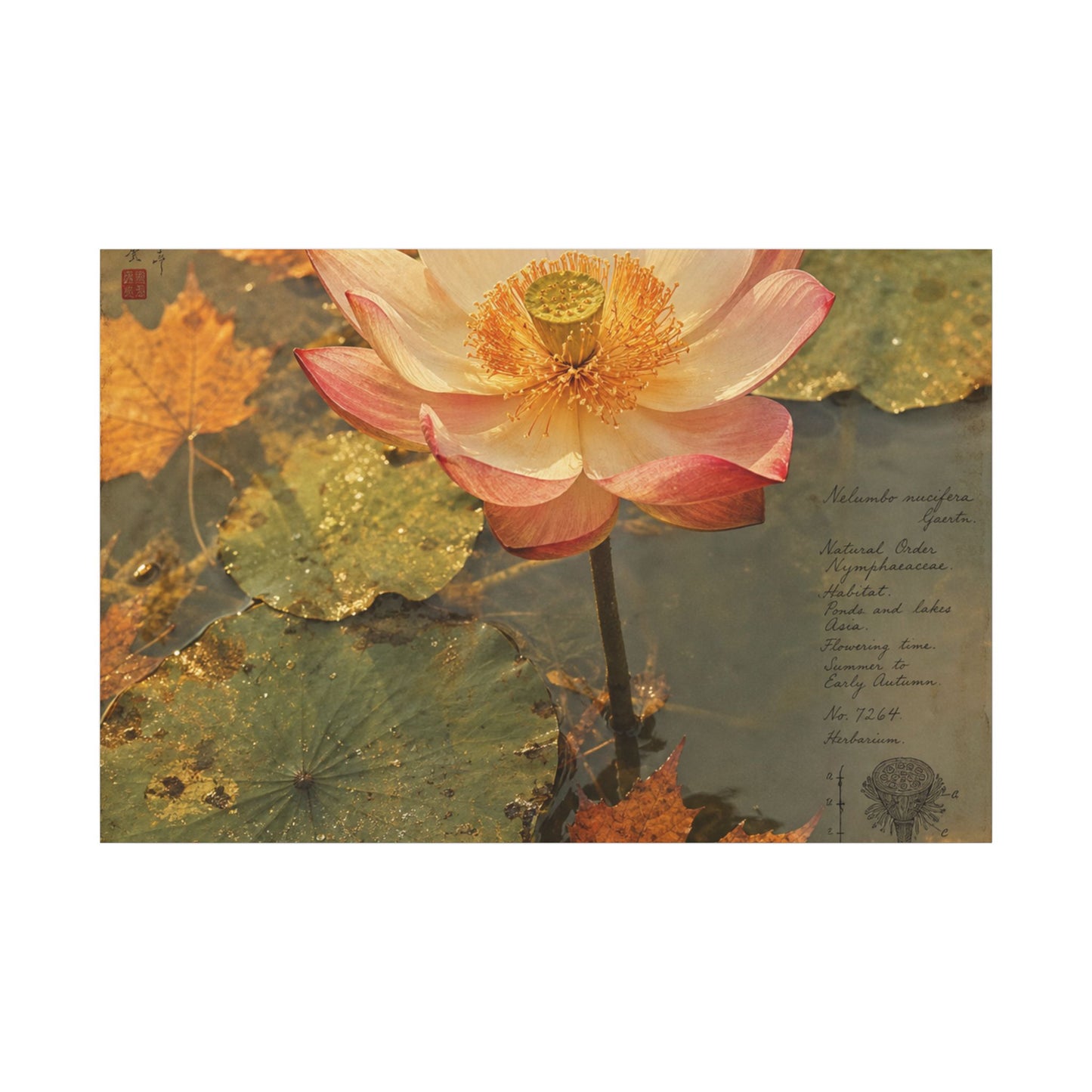 Autumn Lotus Flower Herbarium Canvas Art | Rustic Decor