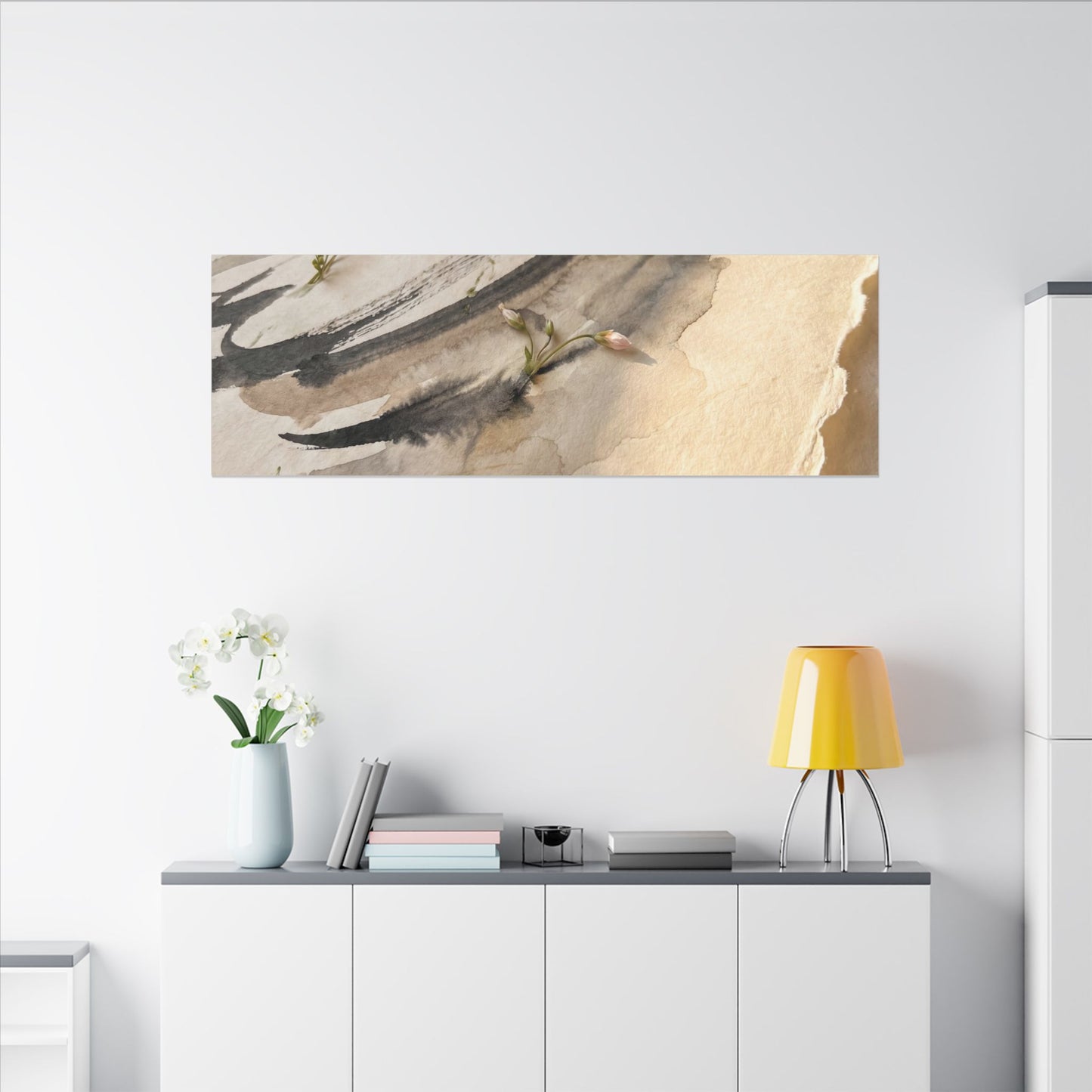 Ink Brushstroke Watercolor Canvas Art | Neutral Japandi Art