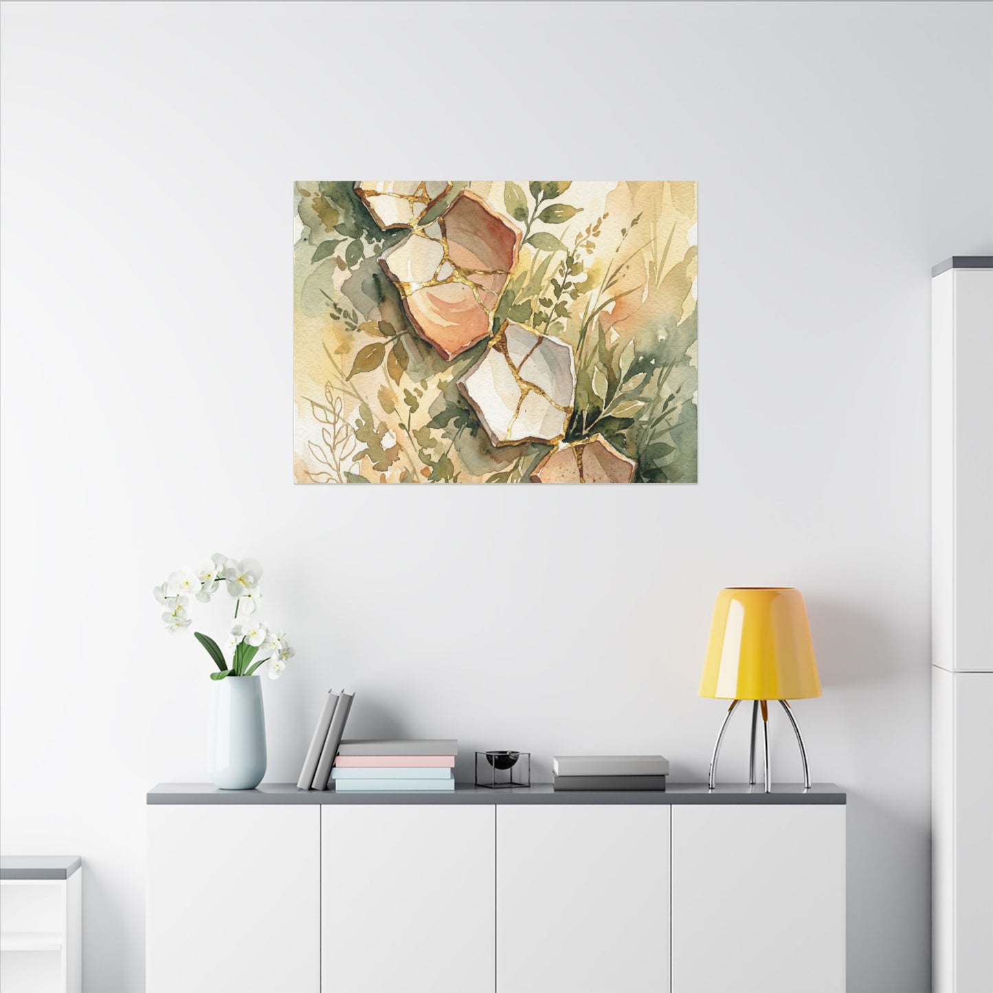 Japandi Broken Pottery in Golden Hour | Watercolor Canvas Art