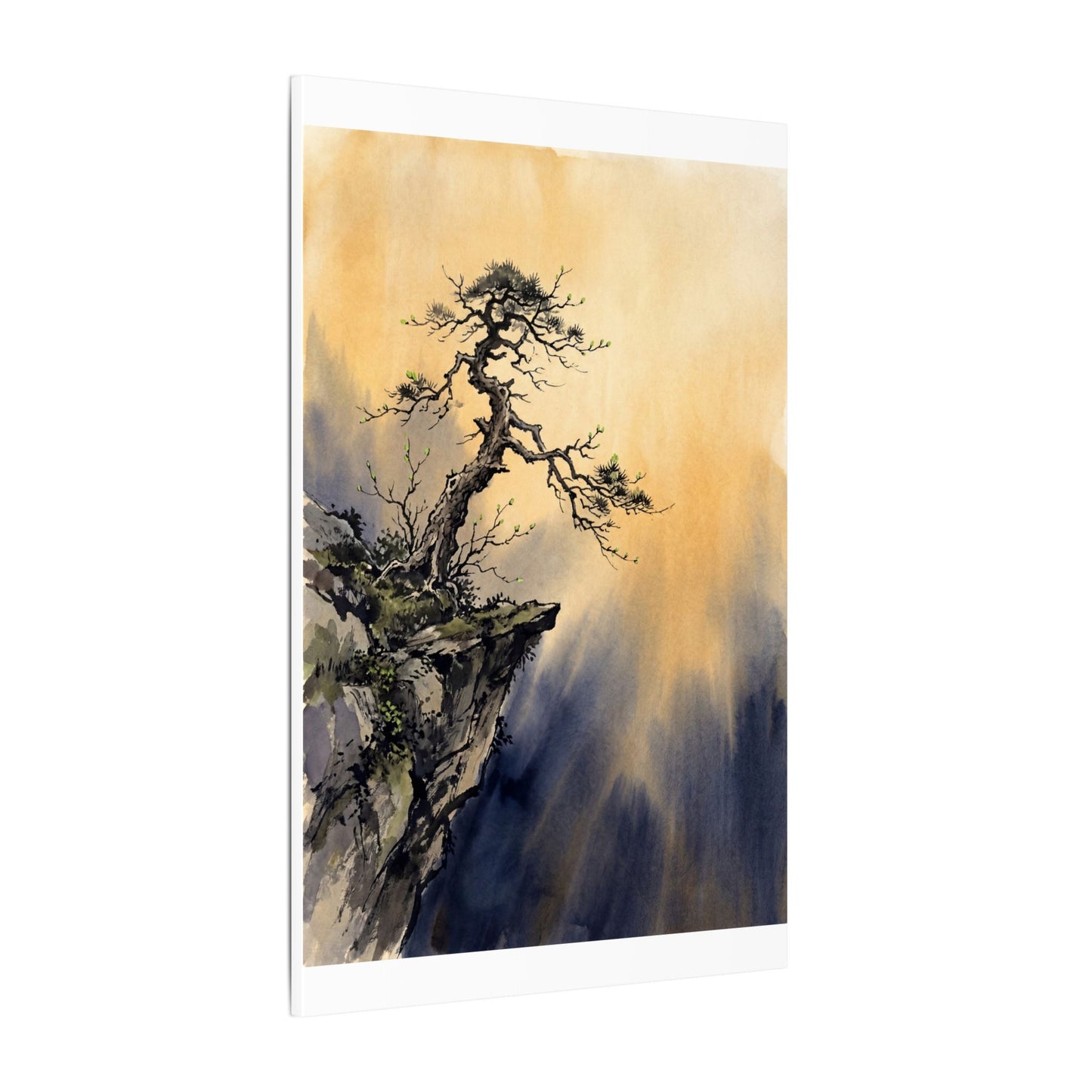 Zen Pine Tree in Golden Hour | Sumi E Canvas Art