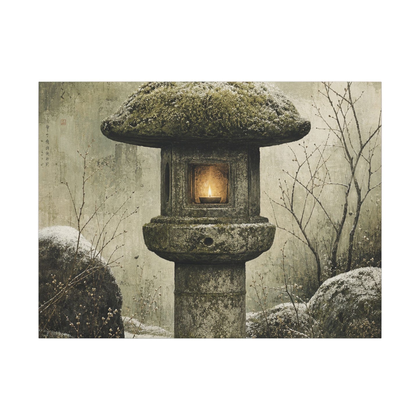 Stone Lantern Winter Canvas Art | Japandi Neutral Design