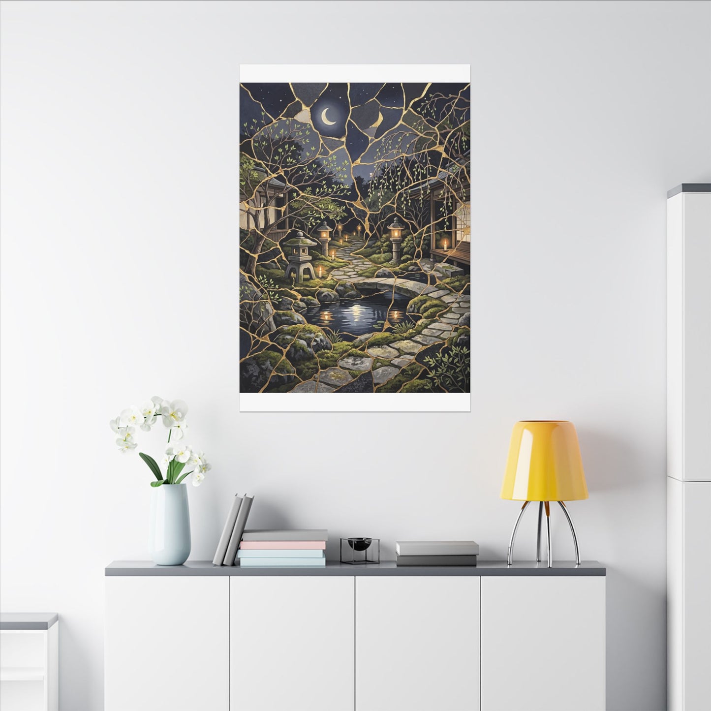 Kintsugi Moonlit Garden in Candlelight | Gold Vein Canvas Art