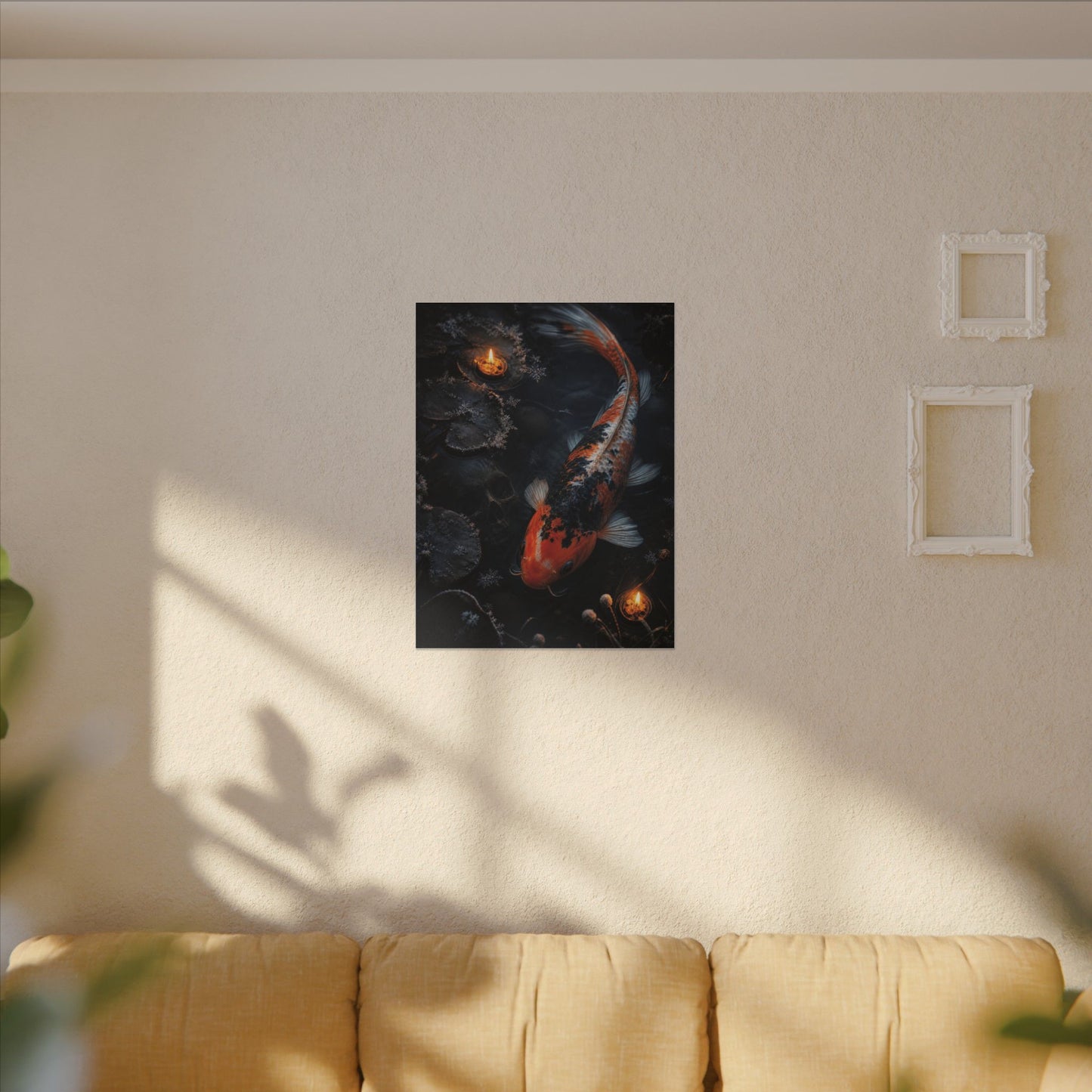 Koi Pond Canvas Art | Winter Dark Japandi Shadow Zen Art