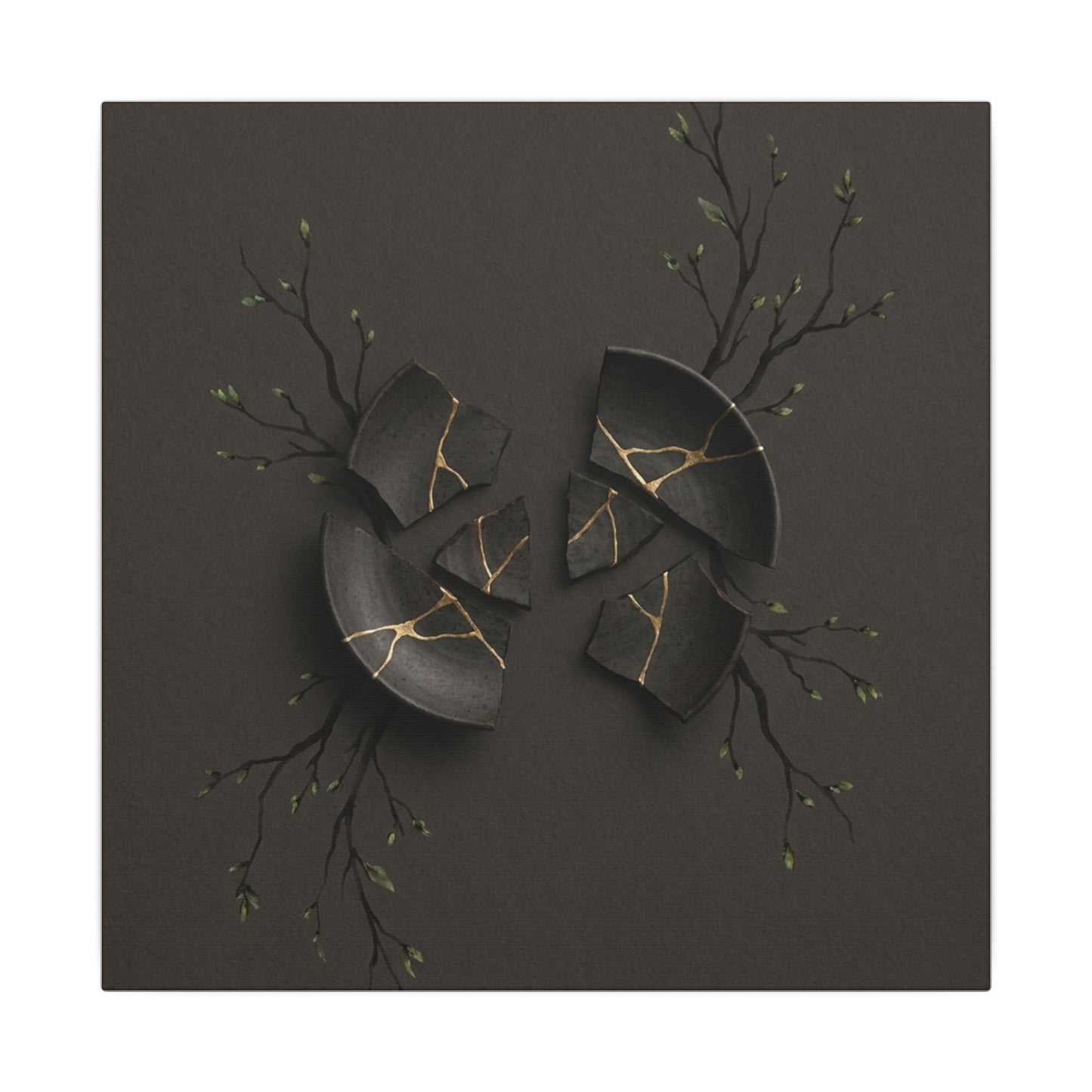 Sophisticated Broken Pottery Canvas Art - Charcoal Ink Dark Japandi