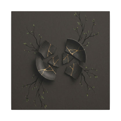 Sophisticated Broken Pottery Canvas Art - Charcoal Ink Dark Japandi