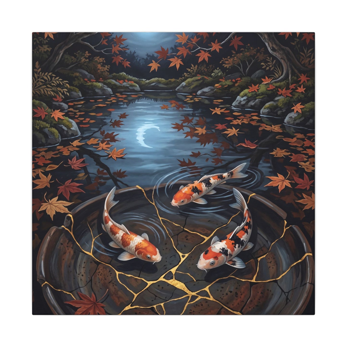 Koi Pond Canvas Art | Autumn Kintsugi Gold Repair Art