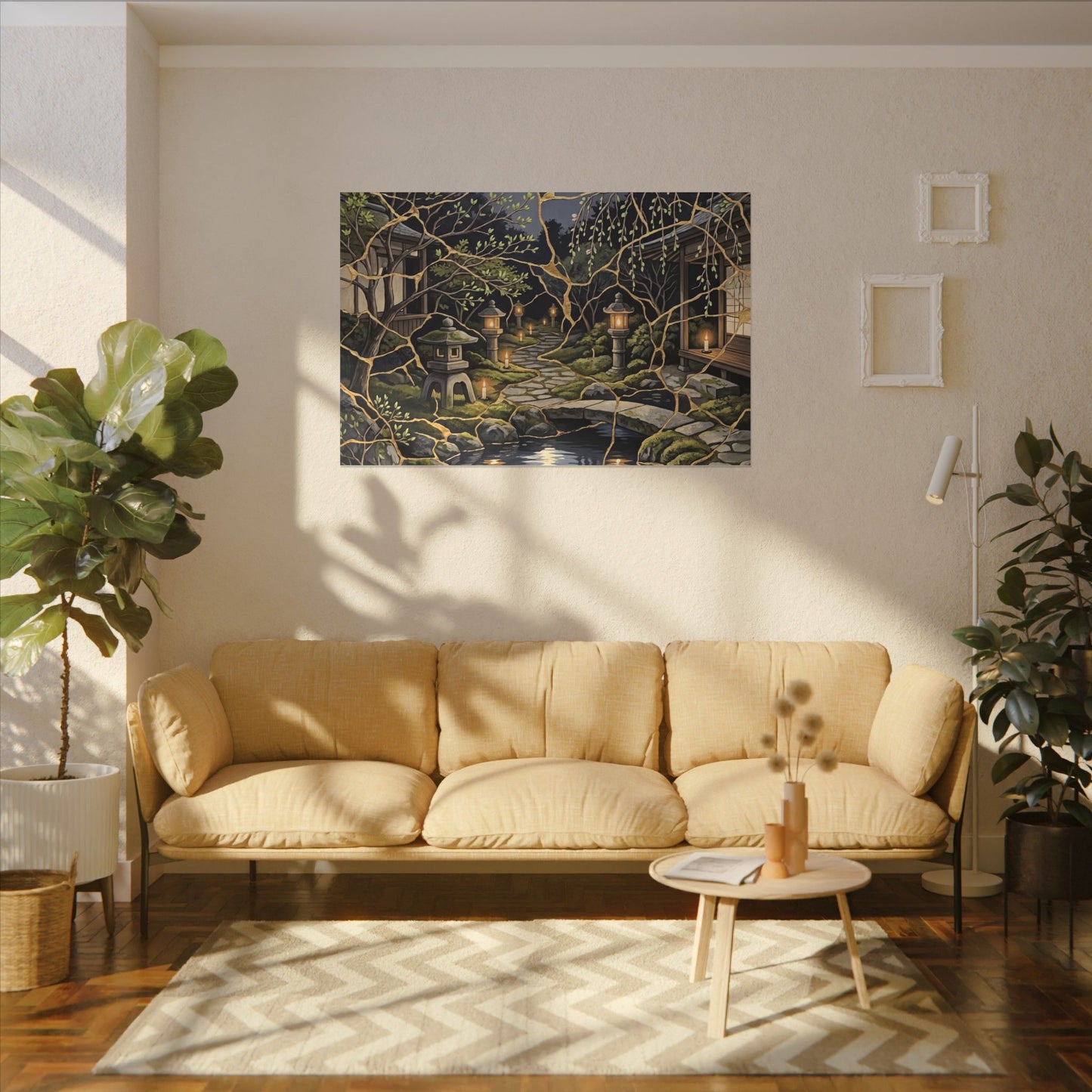 Kintsugi Moonlit Garden in Candlelight | Gold Vein Canvas Art