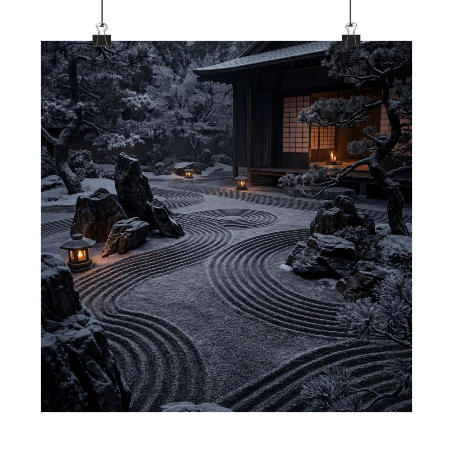 Dark Japandi Rock Garden in Candlelight | Shadow Zen Wall Art Print