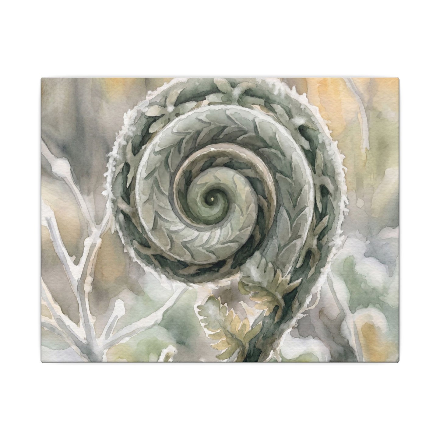 Winter Fern Unfurling Watercolor Canvas Art | Cozy Decor
