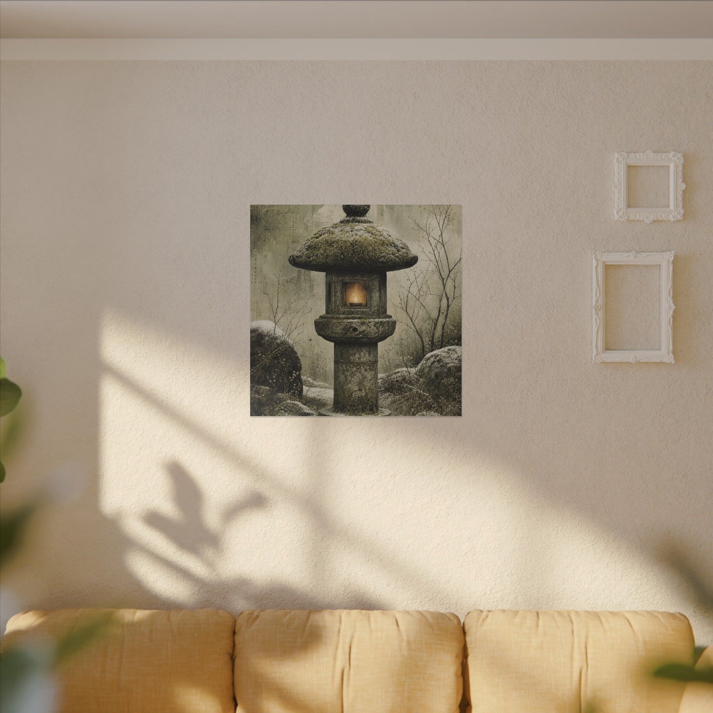 Stone Lantern Winter Canvas Art | Japandi Neutral Design