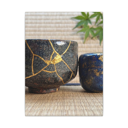 Tea Ceremony Crackle Gold Canvas Art | Philosophical Kintsugi Art