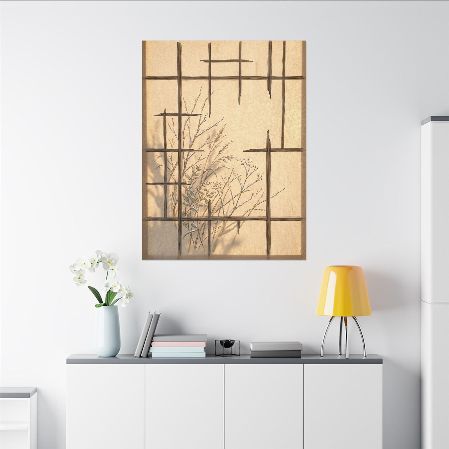 Shoji Screen Canvas Art | Winter Japandi Minimal Line Art