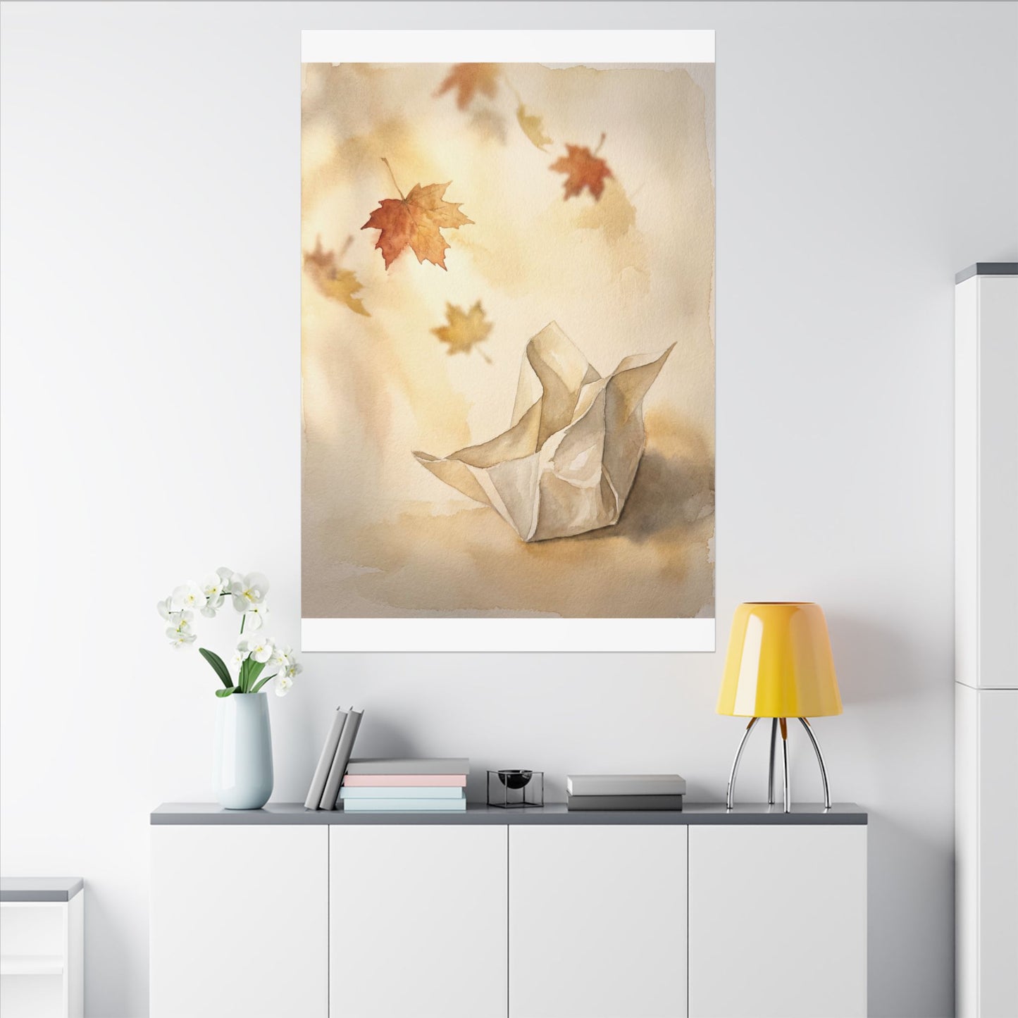 Japandi Paper Fold in Golden Hour | Watercolor Canvas Art