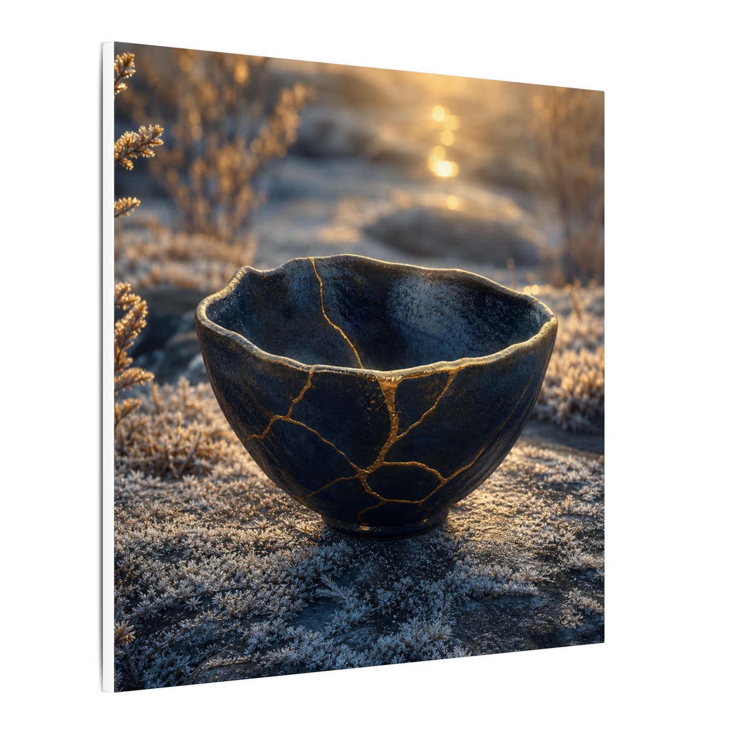 Ceramic Bowl Canvas Art | Winter Kintsugi Gold Repair Art
