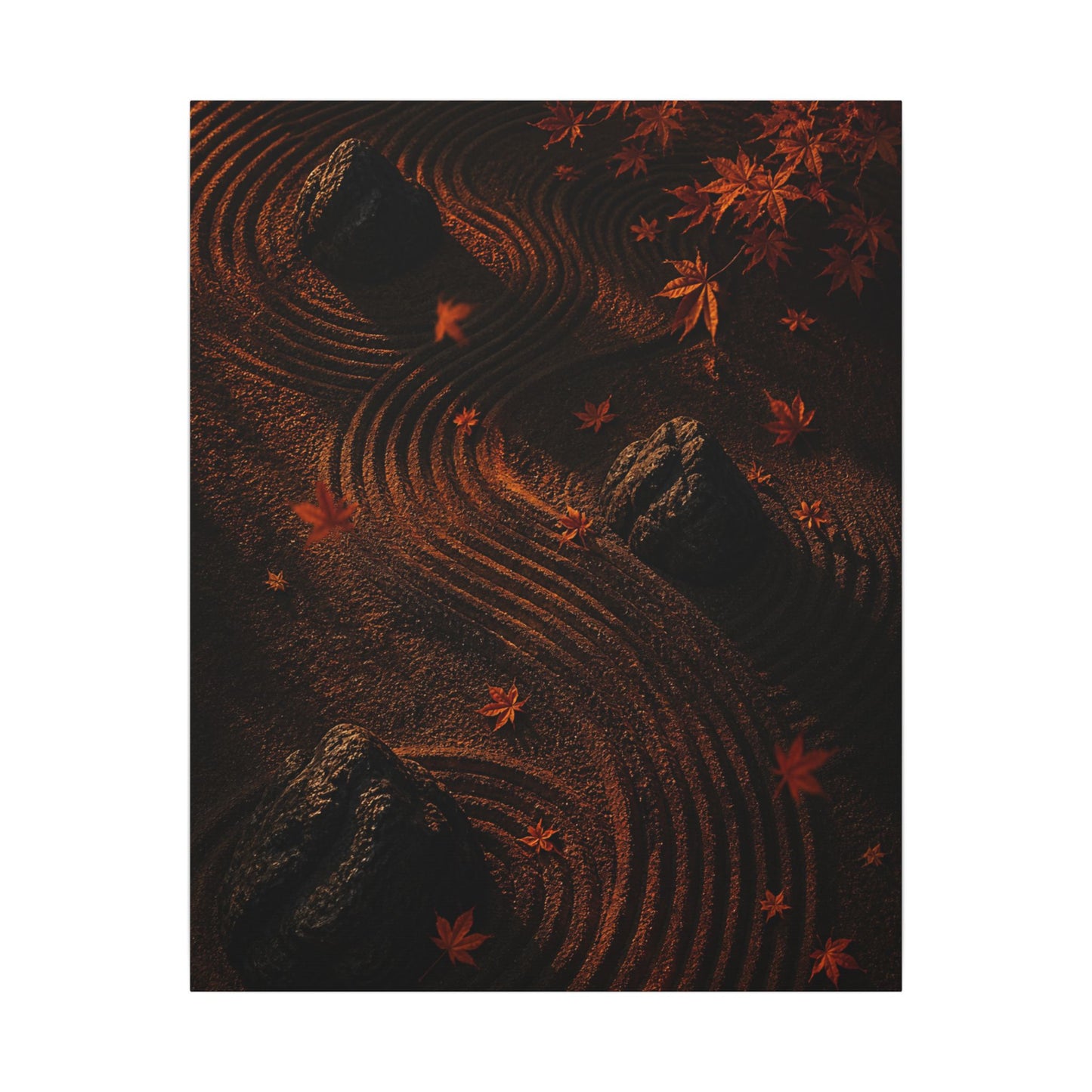 Dark Japandi Rock Garden in Golden Hour | Charcoal Ink Canvas Art