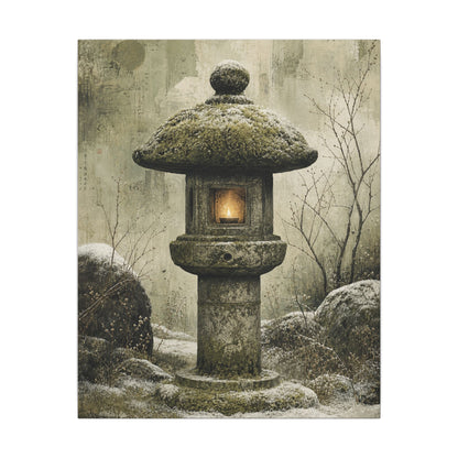 Stone Lantern Winter Canvas Art | Japandi Neutral Design