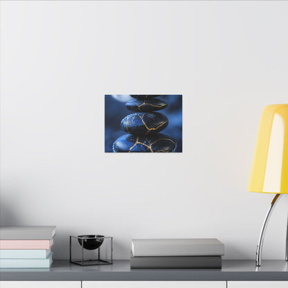 River Stones Canvas Art | Winter Kintsugi Gold Repair Art