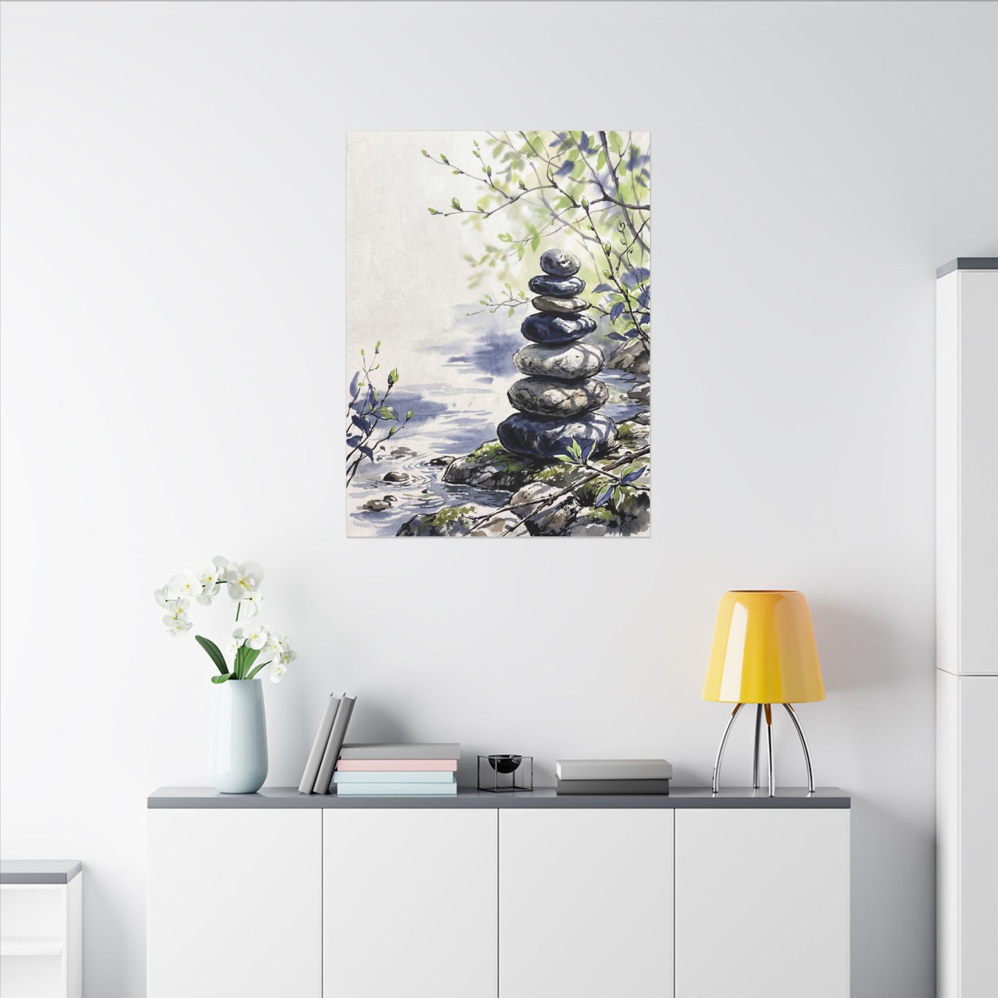 River Stones Sumi E Canvas Art | Serene Zen Art